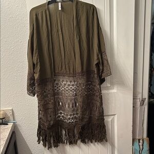 Olive Green Lace-Trimmed top with fringe Lagenlook, Whimsigoth, Fairy Core